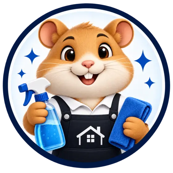Hamster Cleaning mascot holding a spray bottle and microfiber cloth