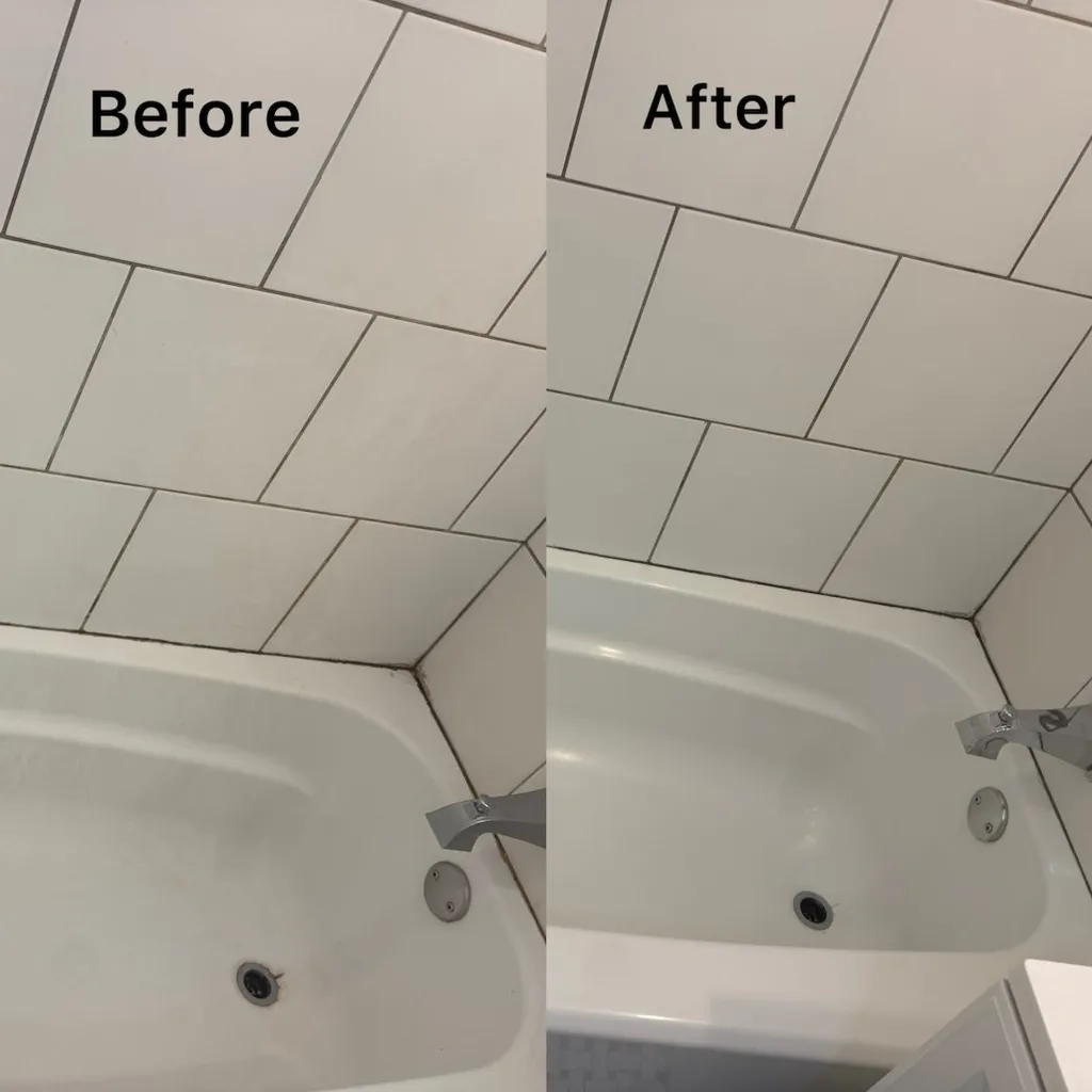 Bathtub and tile grout before and after cleaning