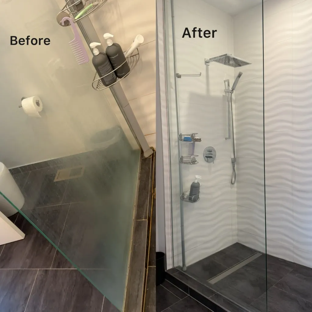 Glass shower before and after professional deep cleaning