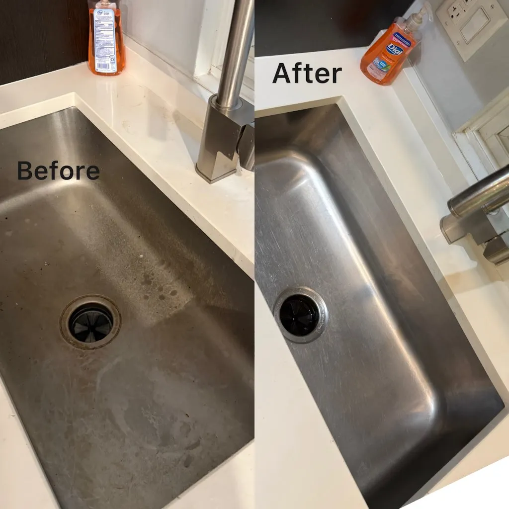 Stainless steel kitchen sink before and after cleaning