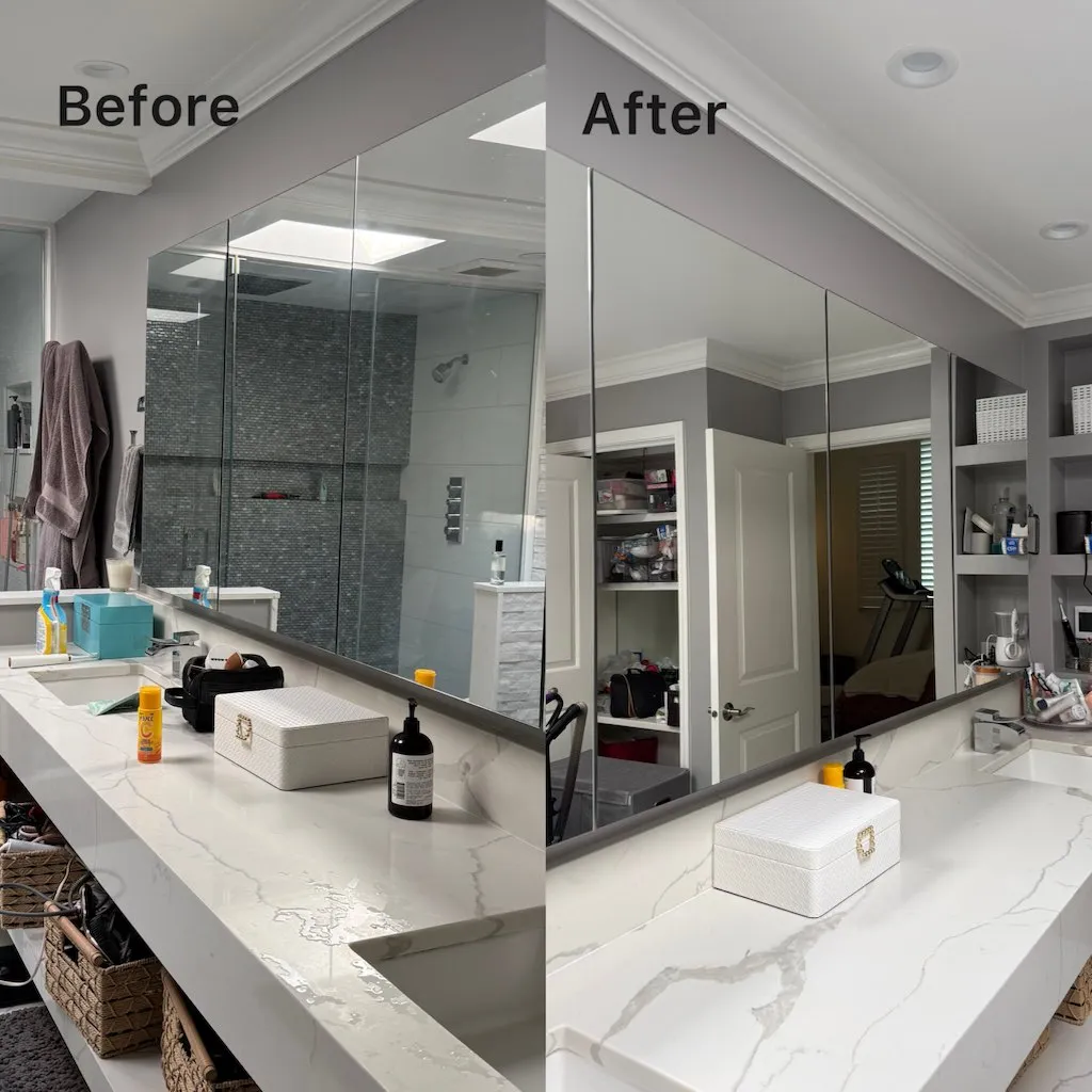 Bathroom mirror and vanity before and after cleaning